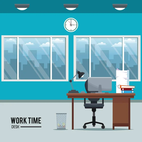 Tiempo de trabajo escritorio espacio reloj silla ventana cesta — Vector de stock