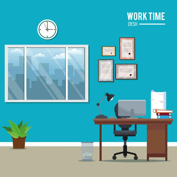 Tiempo de trabajo escritorio ventana reloj planta portátil — Vector de stock