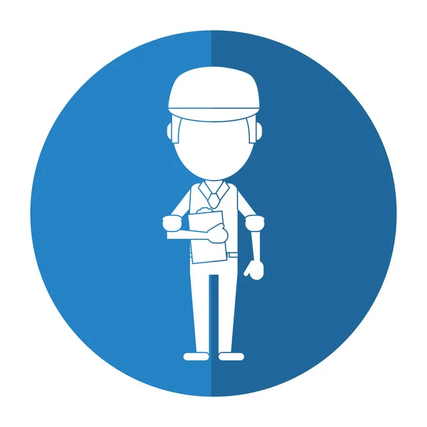 Άνδρας εργαζόμενος μπλε στολή πρόχειρο και καπάκι σκιά — Διανυσματικό Αρχείο