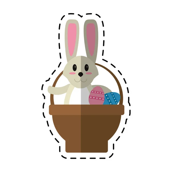 Conejo de Pascua de dibujos animados dentro de la cesta de huevo — Vector de stock