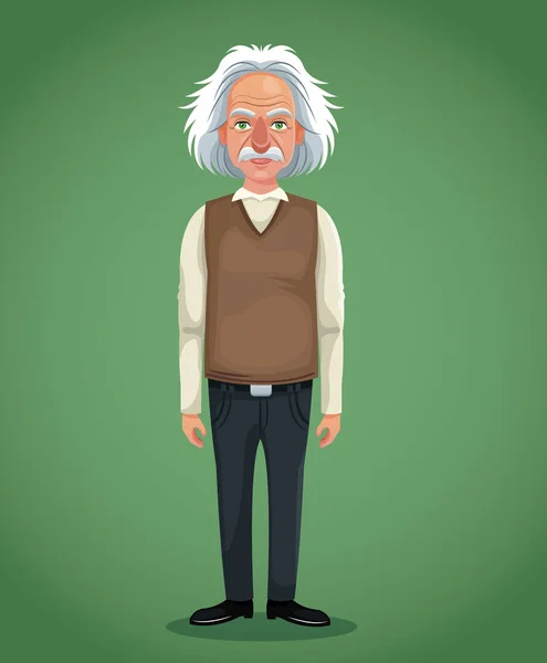 Personaggio scienziato fisico con gilet jeans sfondo verde — Vettoriale Stock
