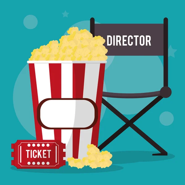 Diretor de cinema cadeira pop milho e bilhete — Vetor de Stock