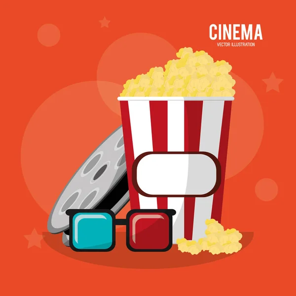 Cinema pop corn box bicchieri e film bobina — Vettoriale Stock