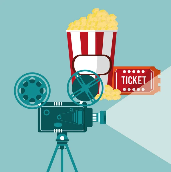 Cine cámara película proyector ticket y pop corn — Vector de stock