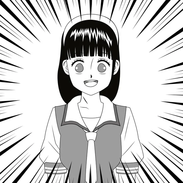 Anime chica japonés carácter blanco y negro — Vector de stock