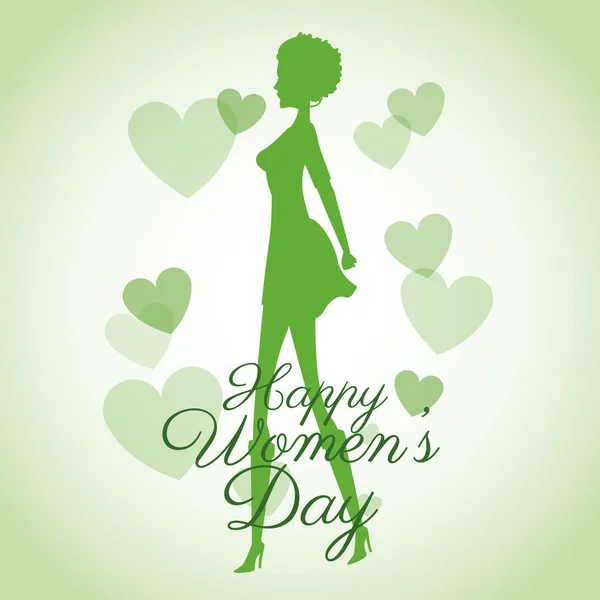 Щасливий жіночий день листівка-силует дівчина зелені серця — стоковий вектор