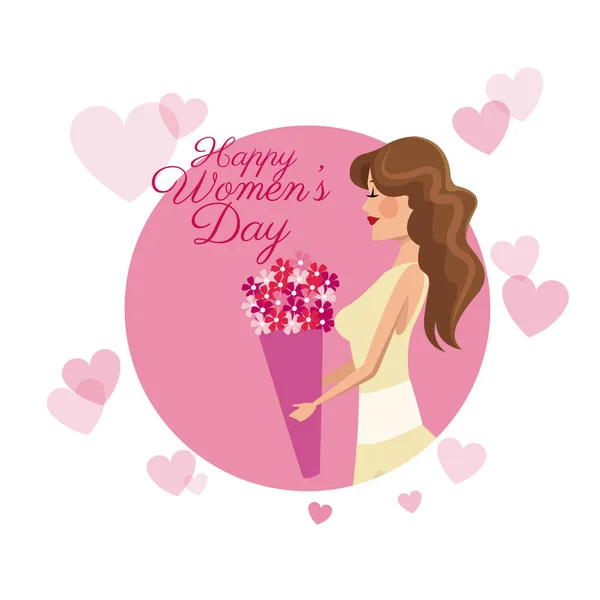Boldog női nap kártya lány virág rózsaszín szívekkel kép — Stock Vector