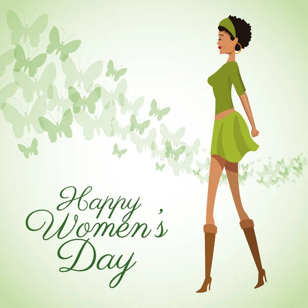 Щасливий жіночий день листівка краси дівчина зелена сукня — стоковий вектор