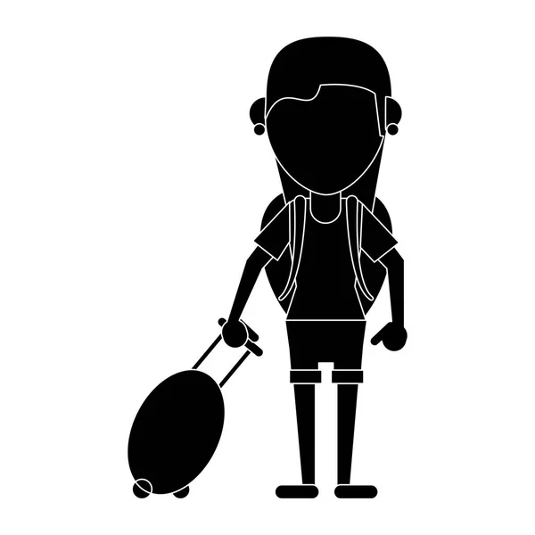 Jeune fille touristique avec sac à dos et pictogramme valise — Image vectorielle