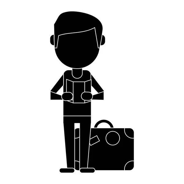 Homme avec sac de voyage et pictogramme de carte — Image vectorielle