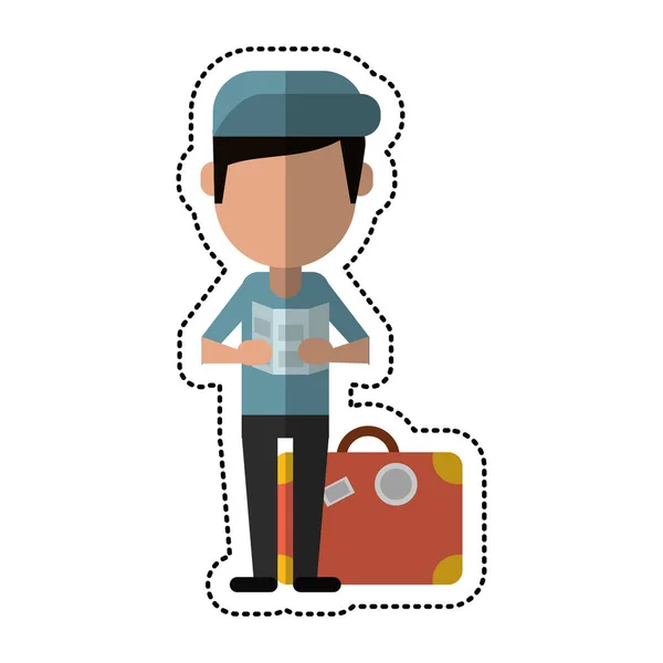 Dessin animé homme avec sac de voyage et carte — Image vectorielle