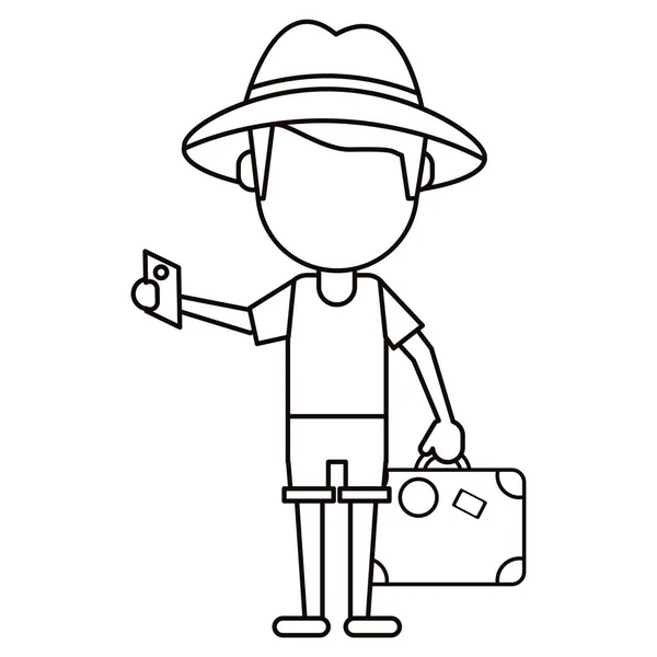 Voyageur homme avec valise passeport mince ligne — Image vectorielle