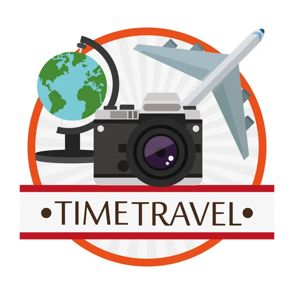 Viaje en el tiempo cartel vacaciones cámara plano globo — Archivo Imágenes Vectoriales