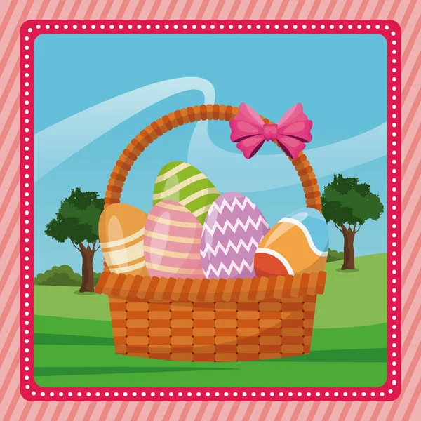 Basket egg easter celebration pink background — Stock Vector