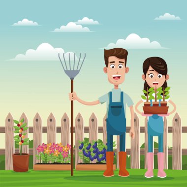 çiftçiler dirgen ve pot bitki alanı çit ile