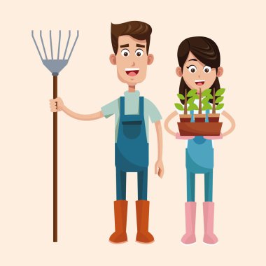 Çift çiftçiler dirgen ve pot bitki ile