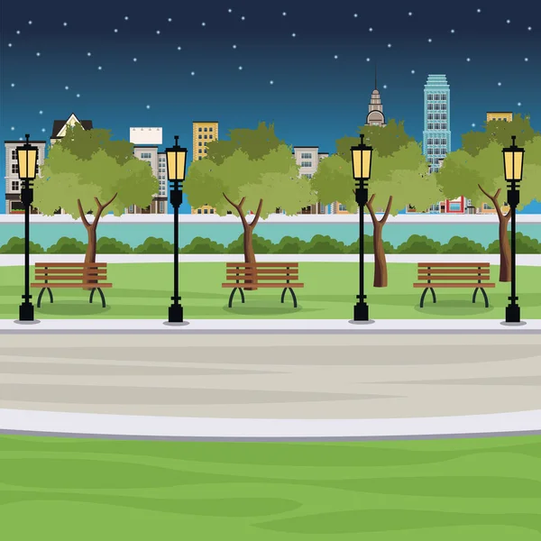 Pubblico parco panchina post luce fiume città vista notte — Vettoriale Stock