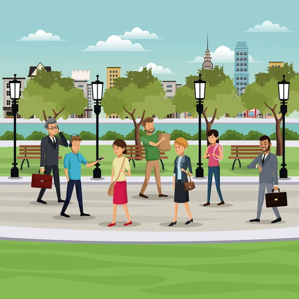 Människor promenader park city bakgrunden — Stock vektor