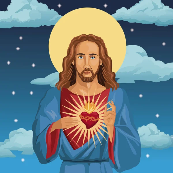 Jesus christ sagrado corazón católico noche fondo — Vector de stock
