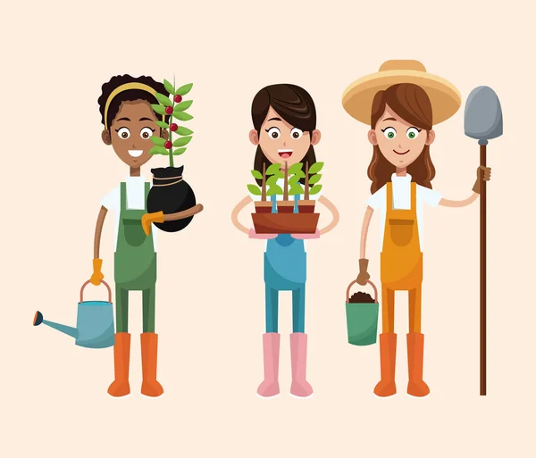 Gruppen kvinnor bonde utrustning arbete — Stock vektor