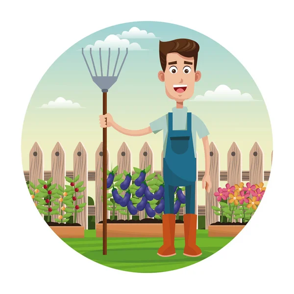 Cute farmer coveralls and pitchfork garden fence — Stock Vector