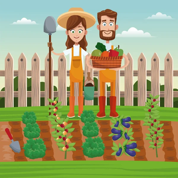 Pareja agricultores cesta de verduras campo valla — Vector de stock