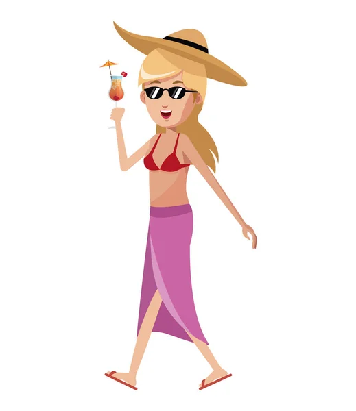 Mujer turista traje de baño y sombrero — Vector de stock