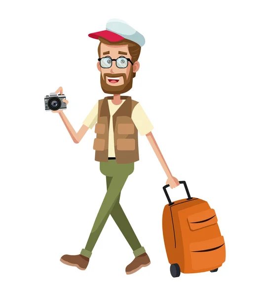 Vousy muž cestovní fotoaparát víčko — Stockový vektor