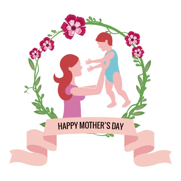 Happy mothers day- mom holding baby floral — Stock Vector