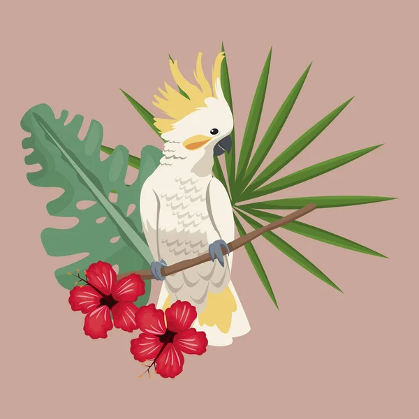 Cacatúa pájaro exótico hibisco hojas de palma — Vector de stock