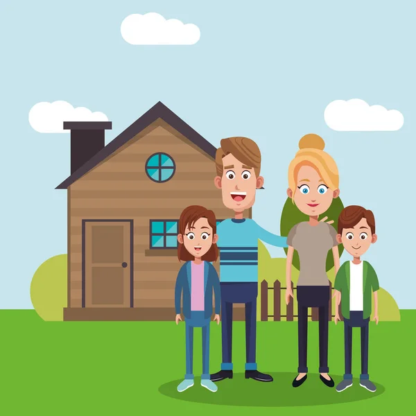 Familia cerca de casa residencial — Vector de stock