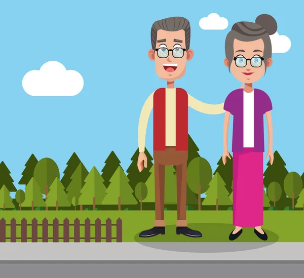 Par man och kvinna gården staket träd — Stock vektor