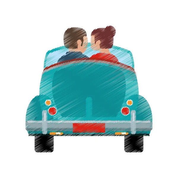 図面のカップル車の古典的な旅行 — ストックベクタ
