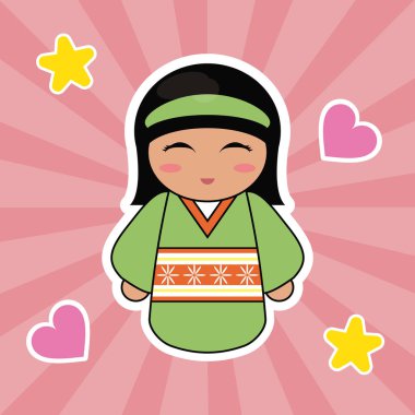 Kokeshi bebek şirin kalpler arka plan