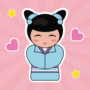 Kokeshi bebek şirin kalpler arka plan