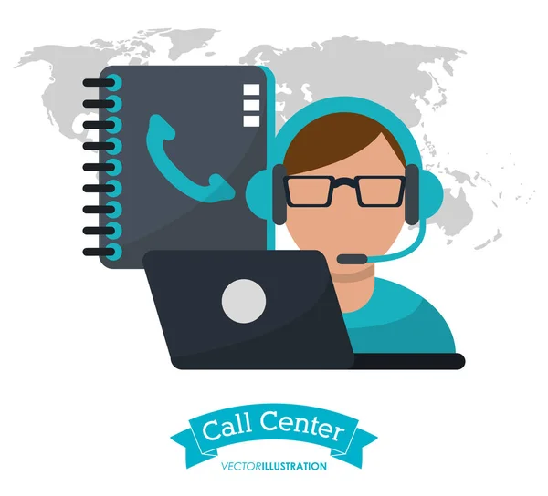 Call centrum člověka operátor kontakty laptop — Stockový vektor