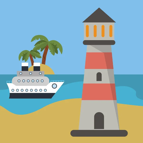 Lighthouse loď pláž dovolená — Stockový vektor
