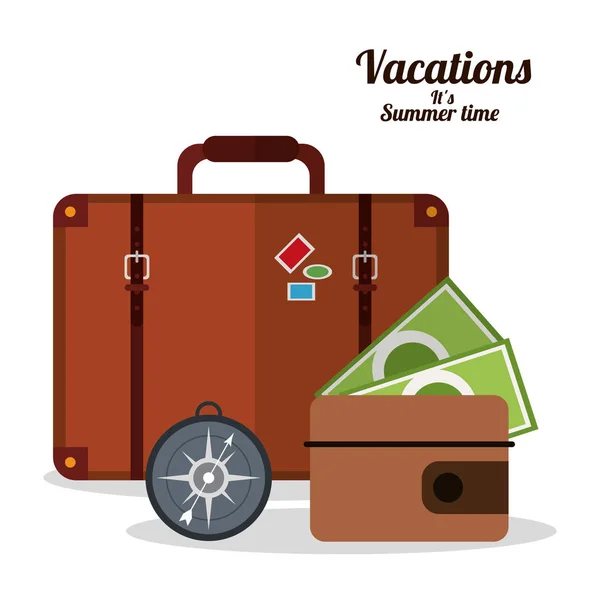 Czas letni wypoczynek - walizka portfel i kompas — Wektor stockowy