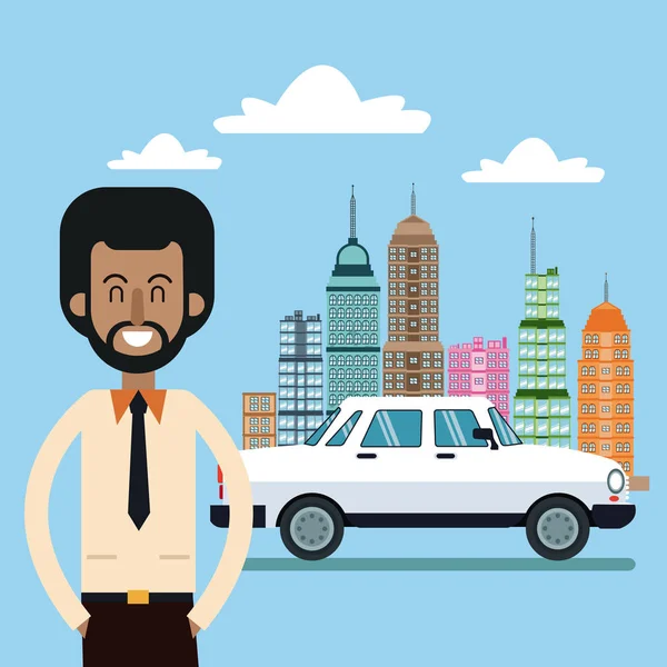 Afroamerican ο άνθρωπος και το αυτοκίνητο φόντο πόλη — Διανυσματικό Αρχείο