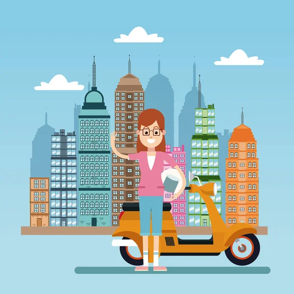 Mujer feliz con el fondo de la ciudad scooter — Vector de stock