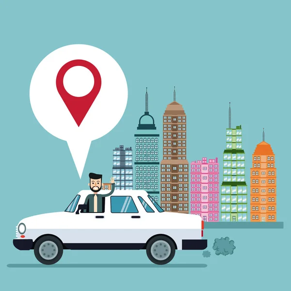 Hombre de negocios pin map coche ciudad fondo — Vector de stock