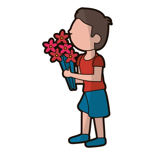 Cartoon son boy with flowers bunch — Stock Vector