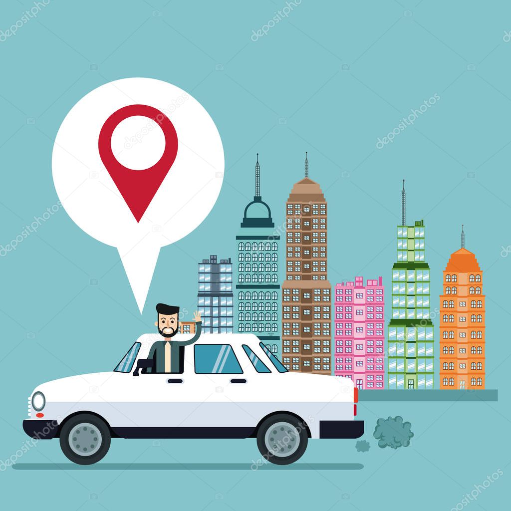 business man pin map car city background