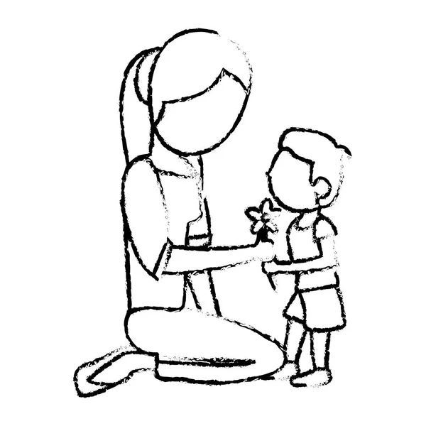 Ескіз мати і син з квіткою — стоковий вектор
