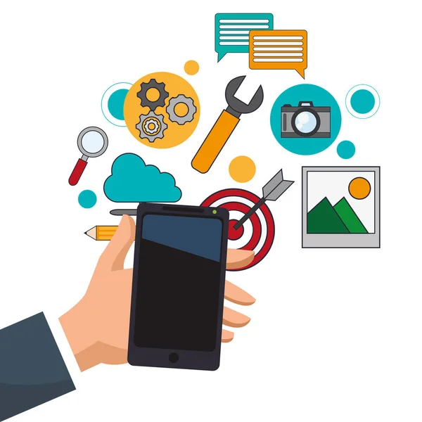 Hand in Hand mit Smartphone digitales Marketing — Stockvektor