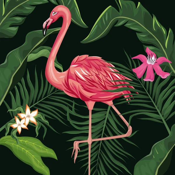 Flamingo eksotis bunga burung tropis dan daun - Stok Vektor
