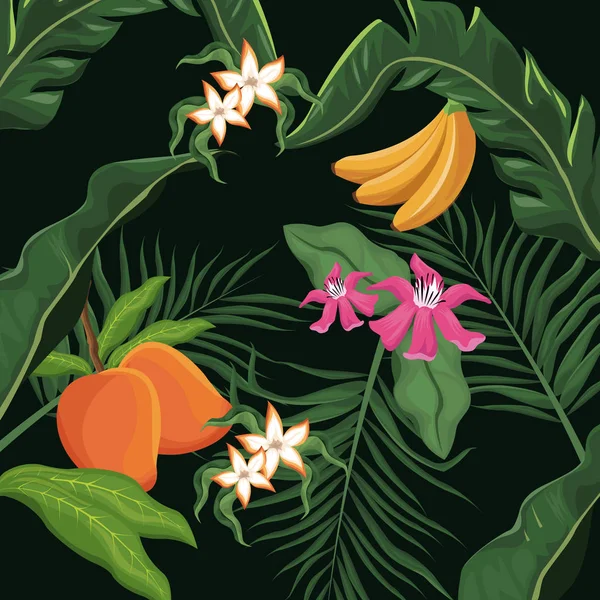 Fruits tropicaux et fleurs feuilles papier peint palmier — Image vectorielle
