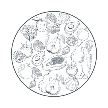 Sebze ve meyve yuvarlak çerçeve el çizmek