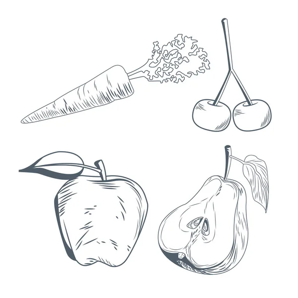 Carotte cerises pomme et poire dessin à la main — Image vectorielle