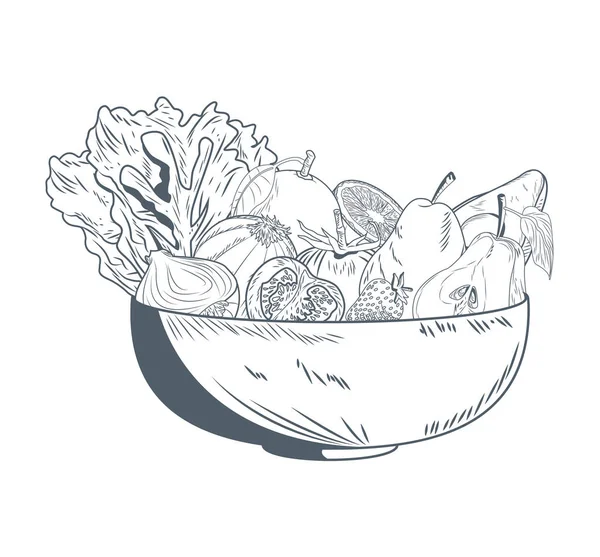 Tigela com legumes e frutas mão desenhar —  Vetores de Stock